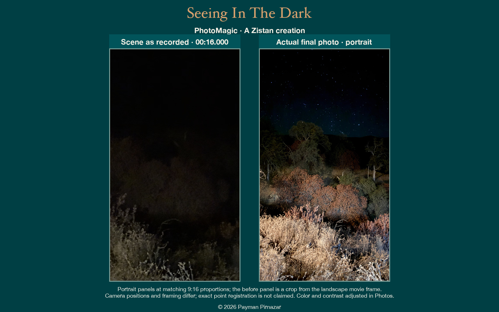 Seeing In The Dark: a portrait crop from the recorded scene beside the full portrait actual final screenshot at an approximate viewpoint